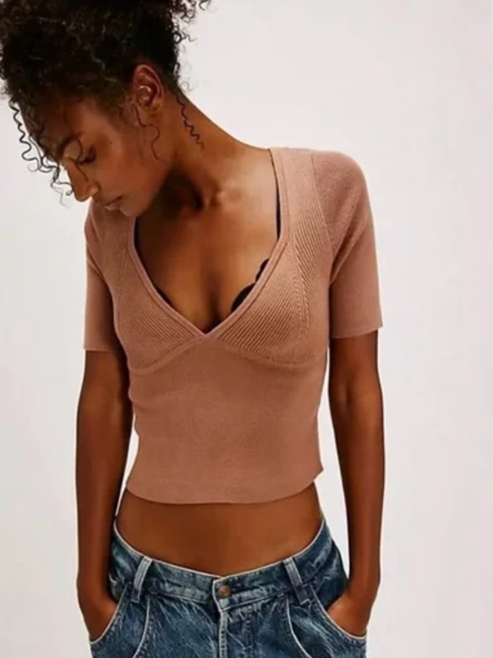 Free People Intimately Silk V-Neck Sweater, XS, NWT, Latte Color (Teagan Swit)